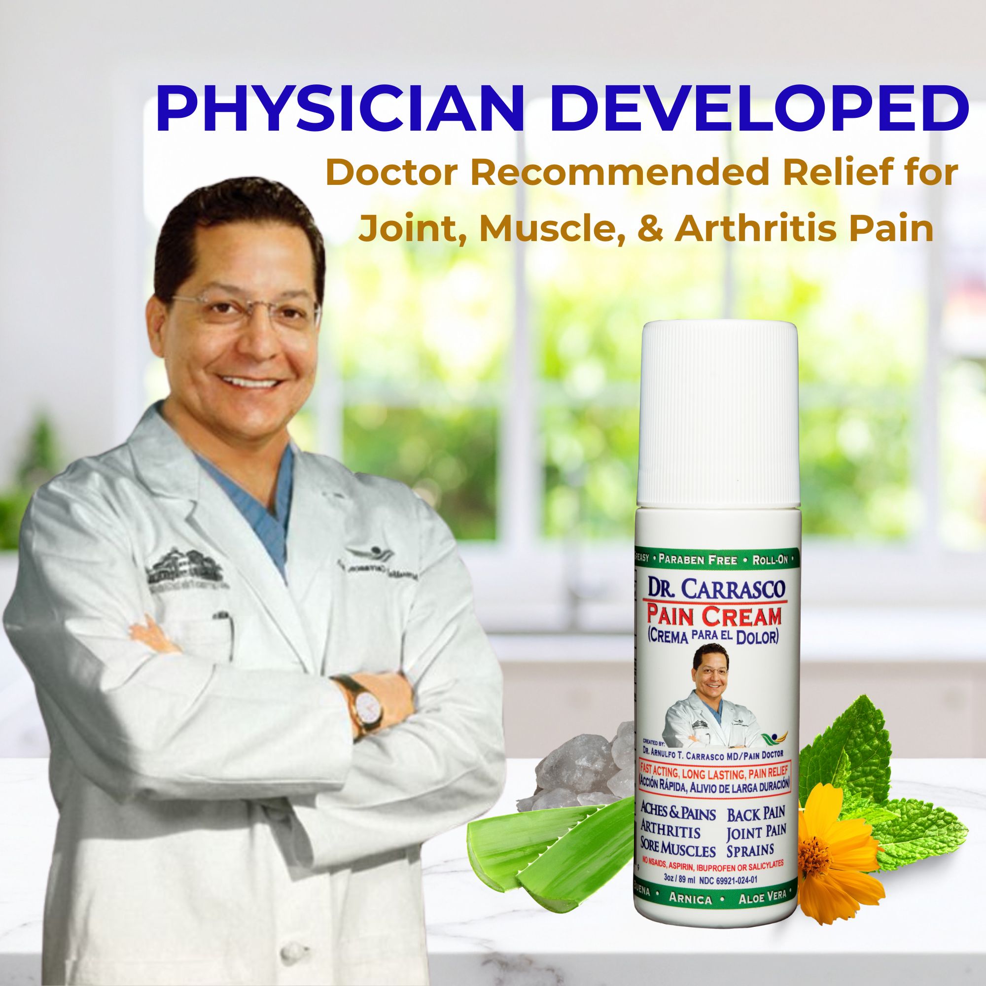 Dr. Carrasco holding the pain cream
