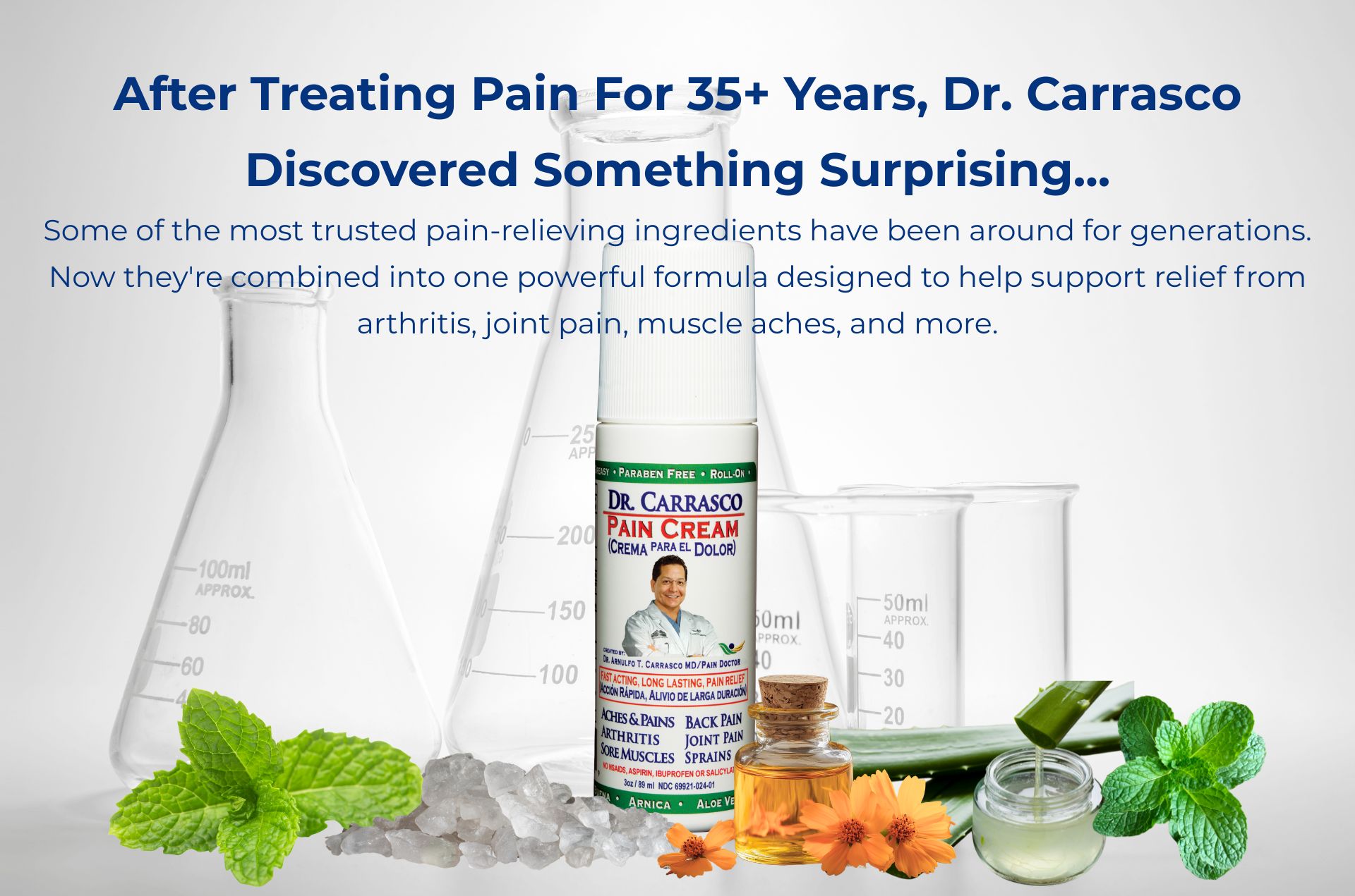 Pain cream with beakers and ingredients